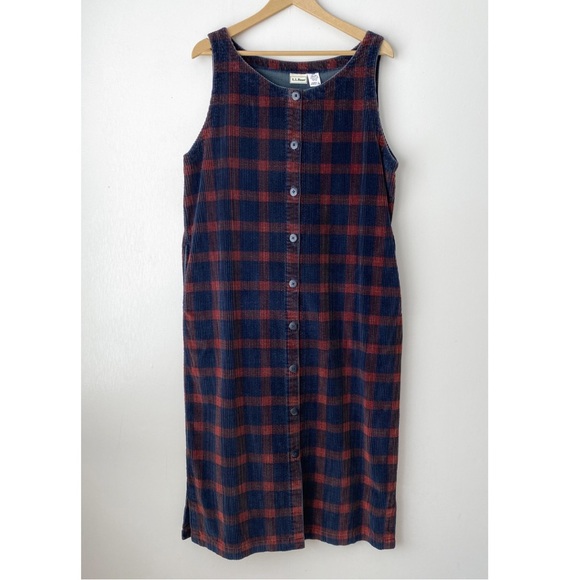 L.L. Bean Dresses & Skirts - Vintage L.L. Bean Plaid Cotton Corduroy Button Jumper Midi Dress 16 Reg Long